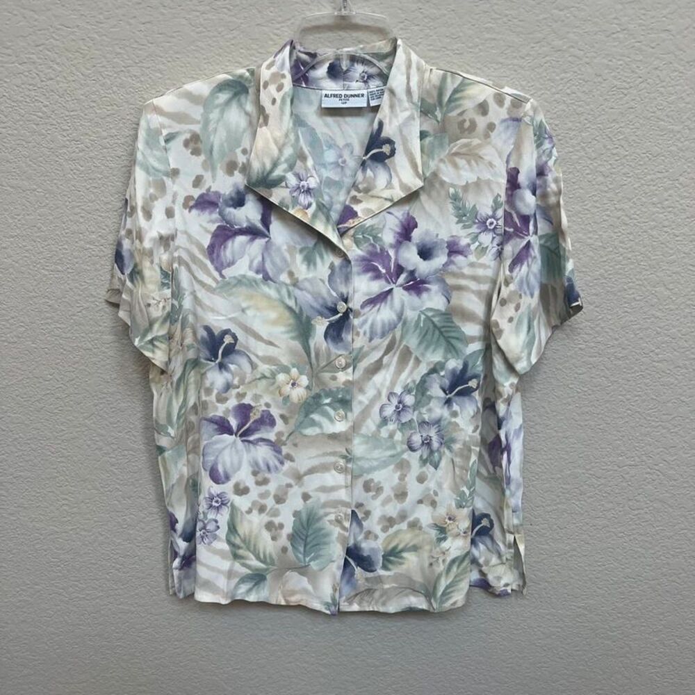 Alfred Dunner Purple Hawaiian Floral Short Sleeve Button Up 12 Petite